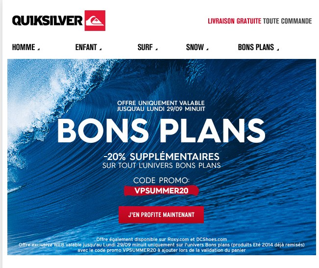 20 de remise sur le site quicksilver sur les bons plans