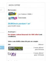 offre canalplus canalsat : 29.9 pour les deux bouquets avec 50 euros offerts et 100euros de bons d’achats amazon… jusqu’au 2 décembre .. dernier jour