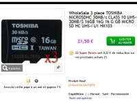 Bon prix cartes micro sd: 3 micro sd 16go toshiba à 21.5 euros