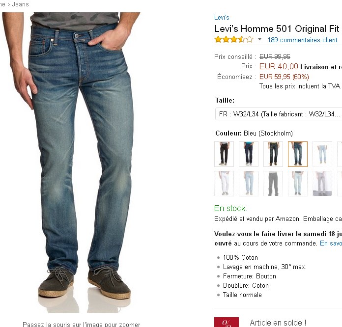 Bon prix jeans levi's 501 pour hommes à 40 euros