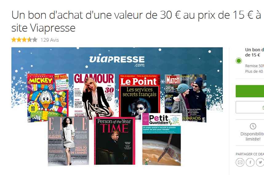 Réduction VIAPRESSE 15€ le bon d'achat de 30€ - abonnement magazine