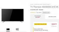Bon prix TV 4K Thomson 40 pouces à 339€ + 30€ de bons d’achats