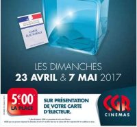 Bon plan cinema MEGA CGR les 23 avril et 7 mai : seance à 5€ sur présentation de la carte d’électeur