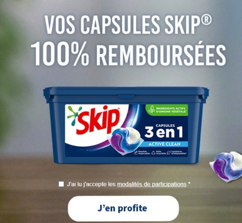 Pack de lessive Skip gratuit avec une odr 100 remboursé
