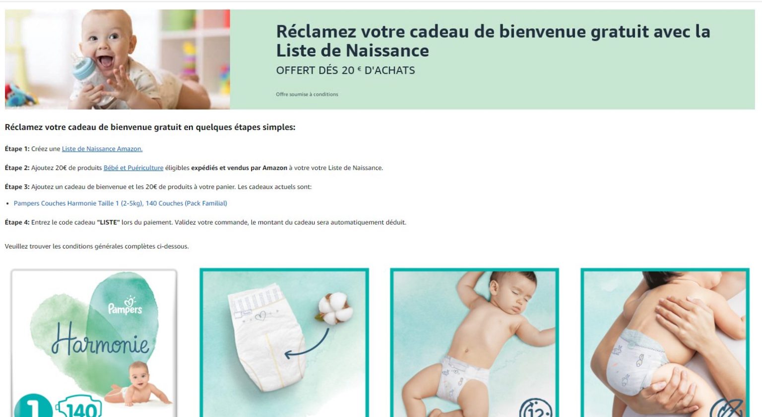 Amazon un pack de couche Pampers d'une valeur de 38€ gratuit pour 20