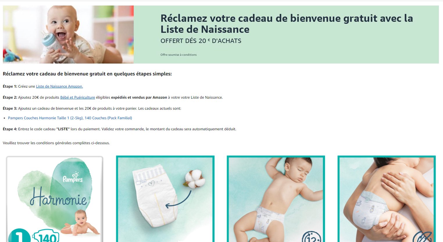 Amazon un pack de couche Pampers d'une valeur de 38€ gratuit pour 20