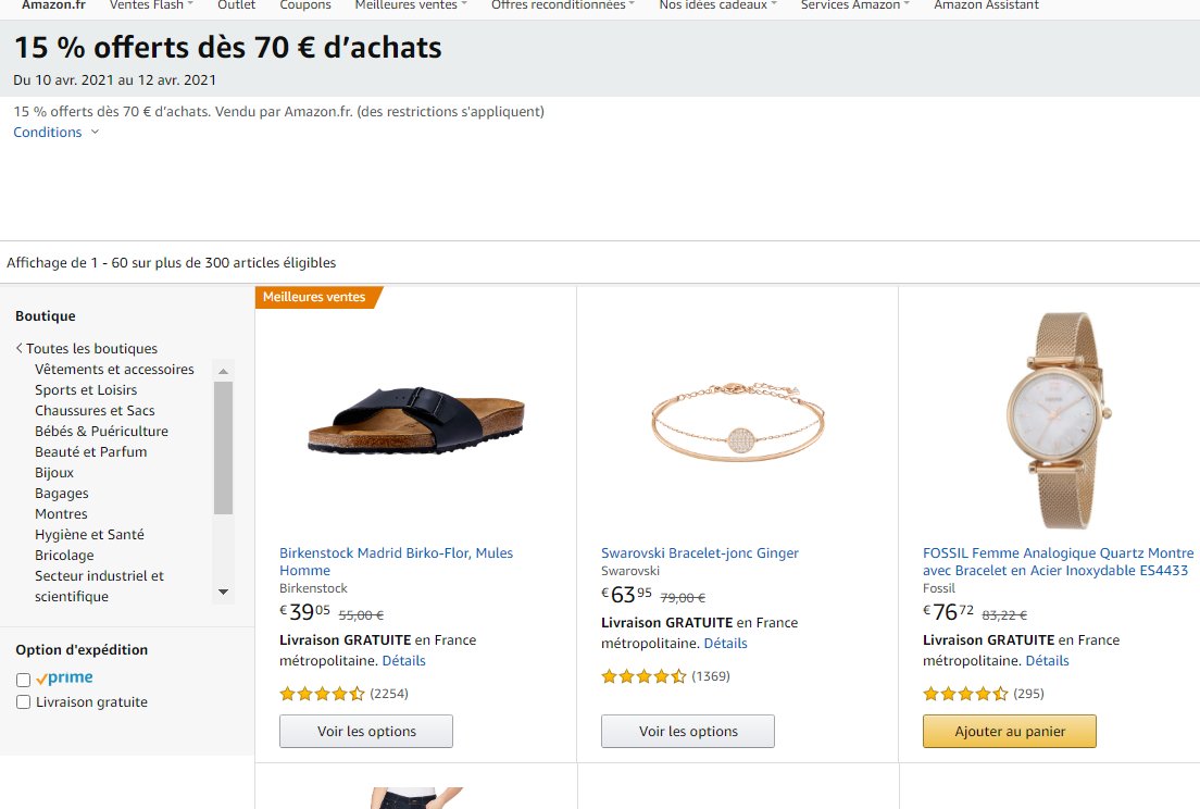 Mode Amazon 15 de réduction en plus pour 70€ d'achats