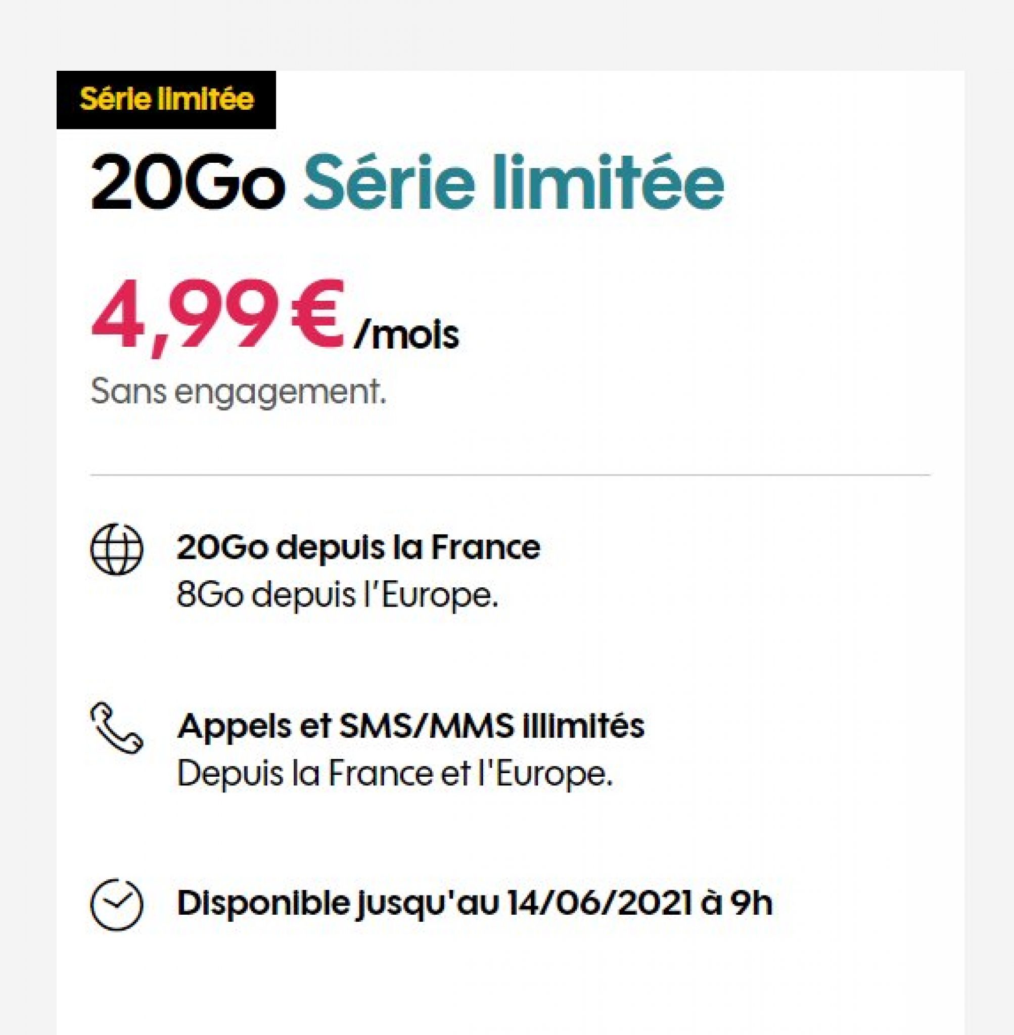 Imbattable 4.99€ le forfait mobile SOSH illimité avec 20Go