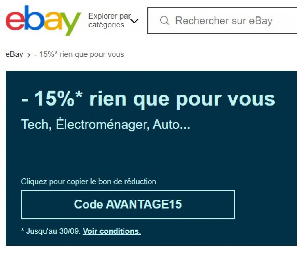 Code de réduction de 15 sur EBAY sur de nombreux articles