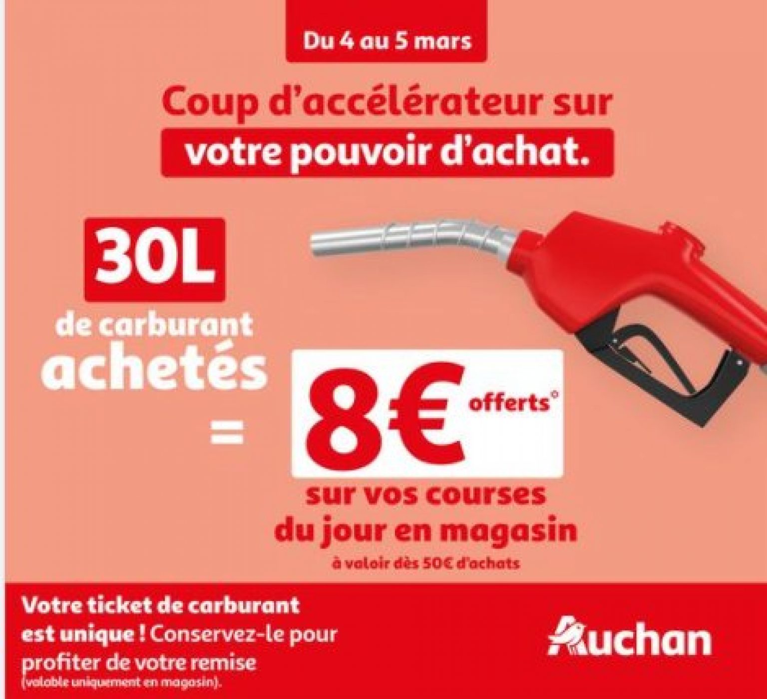 Offre Carburants chez AUCHAN 8€ offerts pour 30 litres achetés les 4