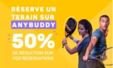 Anybuddy : 10 ou 20€ de réduction sur les reservations de terrains tennis , paddel , foot ..