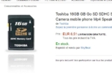 Carte mémoire sd toshiba 16go pas chère à 6.5 euros port inclus