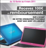 cdiscount : 100 euros de remboursé sur pc portable sony vaio bleu ou rose