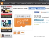 Bon prix carte mémoire 64go samsung evo resistante à 25.99 euros