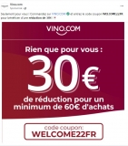 Bon plan Vins : 30€ de réduction pour 60 d&rsquo;achats chez VINO.COM